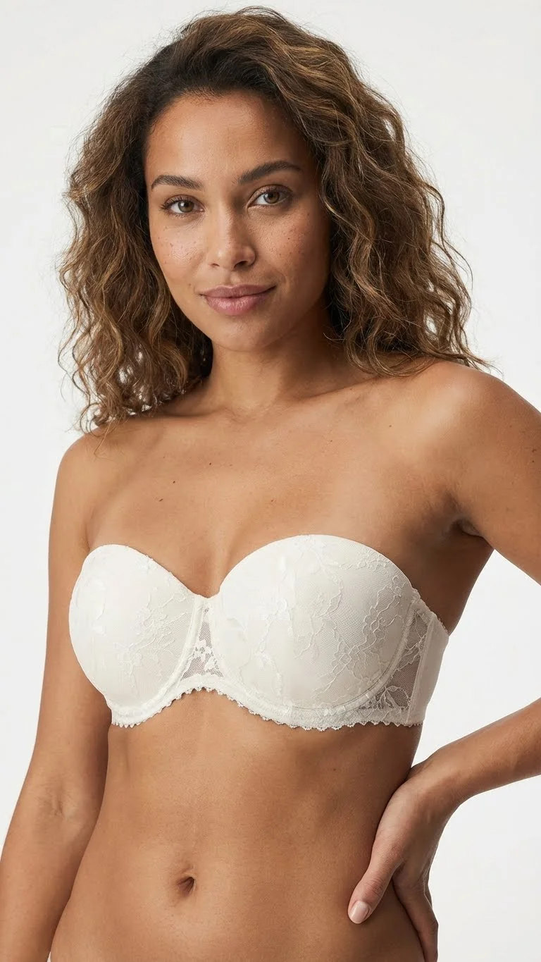 LunaIntim Ekru Rengi Dantel Kaplı Straplez Tenle Bütünleşen Nude Sütyen - Arka Görünüm